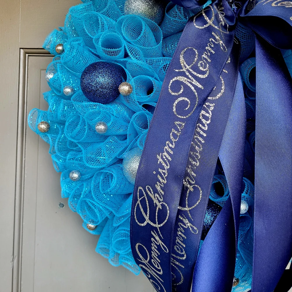 New Handmade Blue Christmas Wreath with Ribbon Accents